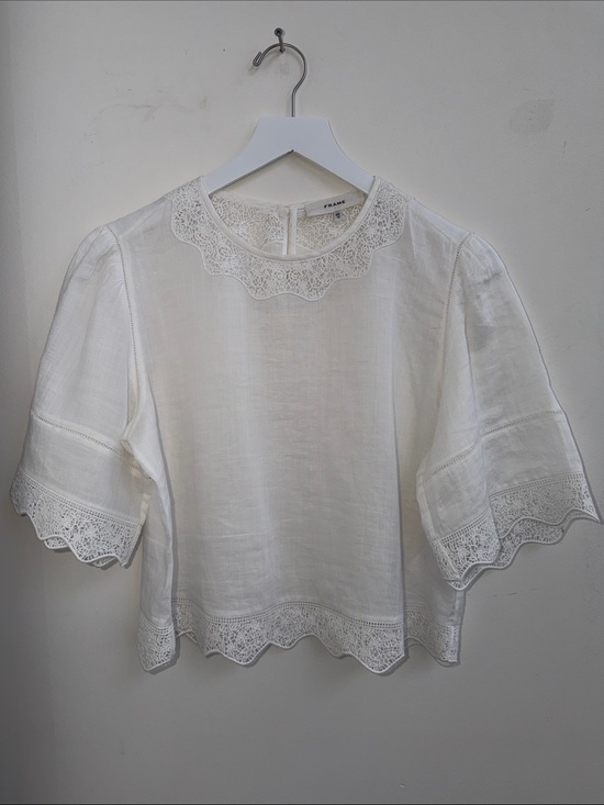 Frame Denim Tops - Frame Denim White Linen lace Crochet-Trim Blouse XS/TP women’s